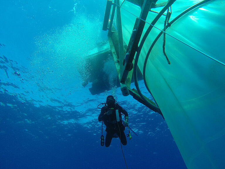  A diver in seemingly blue water swims past a large colourless tank made of plastic foil