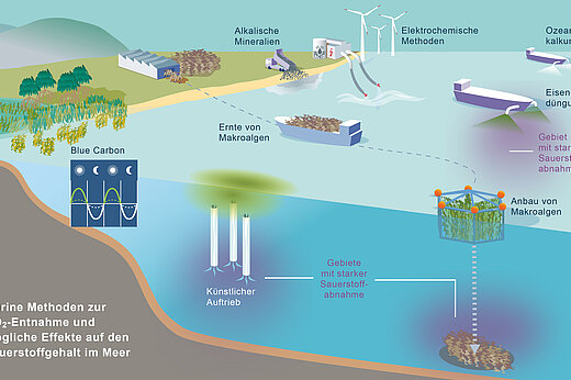 Grafik, die schematisch die verschiedenen mCDR-Methoden und ihre Auswirkungen auf den Sauerstoffgehalt im Ozean zeigt
