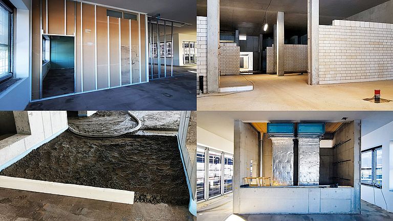 Innenausbau: Trockenbauwände, Gemauerte Innenwände, Estricharbeiten und Einbau der Lüftungsschächte.