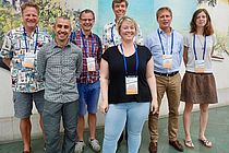 Die Teilnehmerinnen und Teilnehmer vom GEOMAR bei der OceanObs'19-Konferenz: Christian Berndt, Aaron Micallef, Tobias Steinhoff, Josefine Herrford, Martin Visbeck, Toste Tanhua, Anne-Catrin Wölfl (v.l.n.r.)Foto: Sandra Ketelhake/KDM