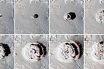 Eight square pictures in shades of grey, in which the rosette-shaped spread of volcanic ash can be seen step by step from picture to picture